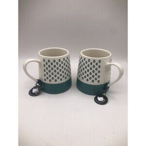 Old Pottery Company Button Diamond Mug. Teal/White Set of Two 16oz Coffee Tea